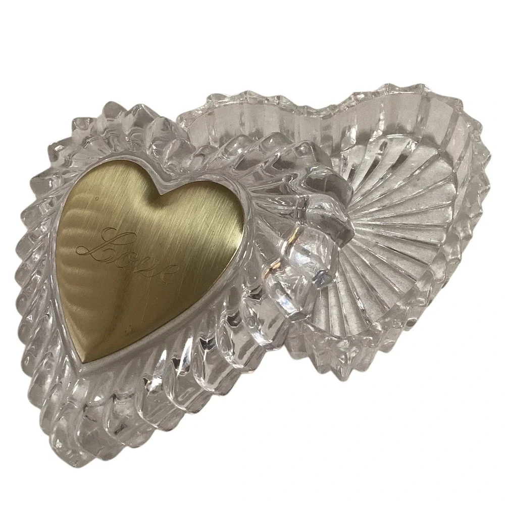Crystal Heart Trinket Box Love Engraved Gold Tone Lid